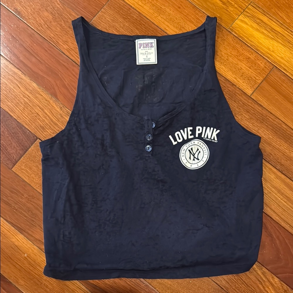 NY Yankees Blue Buttoned Crop Tank Top
